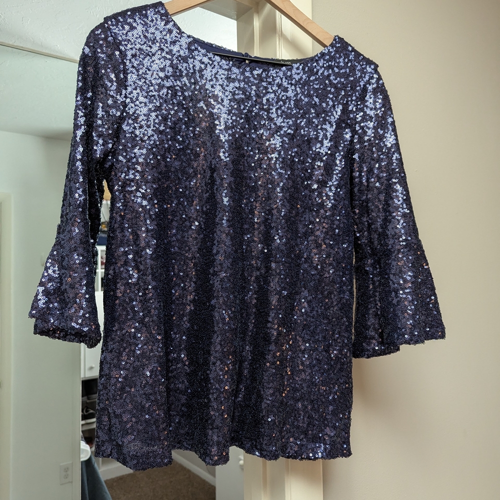 Gibson Blue 3/4 Sleeve Sequin Blouse